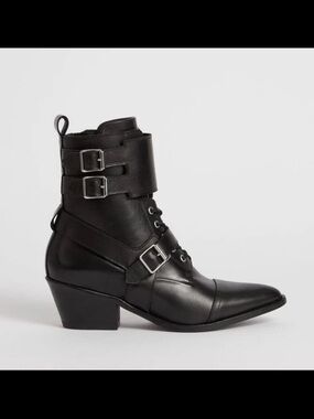 AllSaints Alix Black Leather Lace-Up Ankle Buckle Moto Boots US 6.5/EU 37